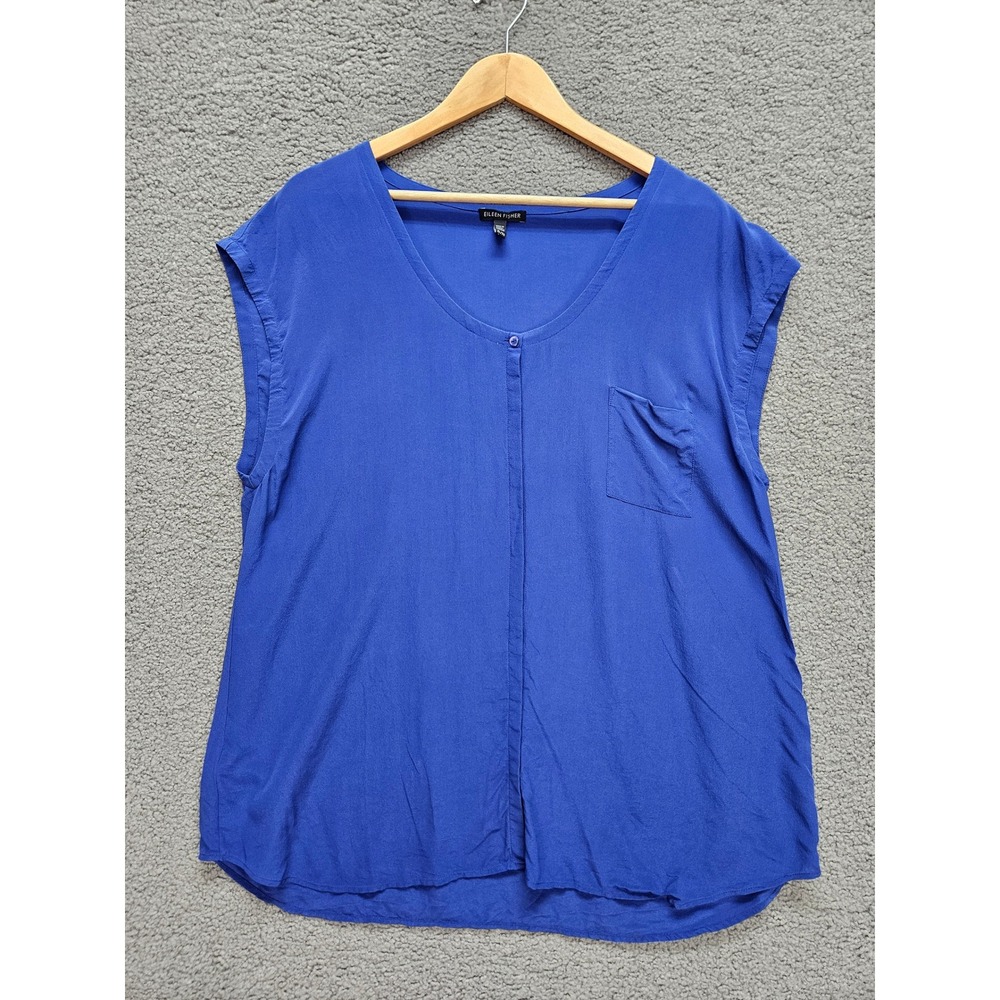 Eileen Fisher Silk Blouse XL Blue V-Neck Cap Sleeve Minimalist Minimalist Luxe
